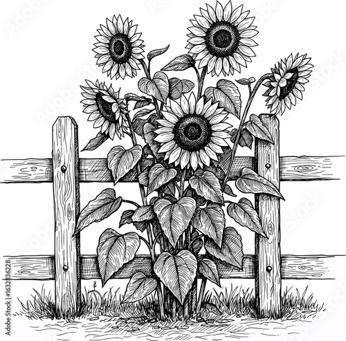 Sunflowers by the fence in black and white sketch illustration  
