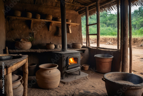 Rustic rural clay kitchen stove with steaming earthen pots in mud hut