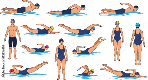 Illustration depicting various stages and positions of the butterfly swimming stroke technique demonstration