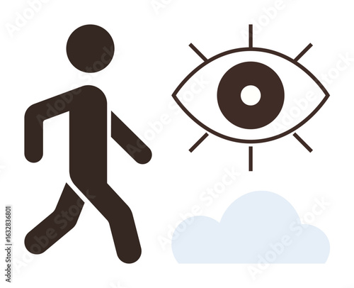 Human figure walking, eye symbol for vision and observation, cloud for abstract ideas thumbs up thought, data, or connection. Ideal for surveillance, clarity, creativity, control insight awareness