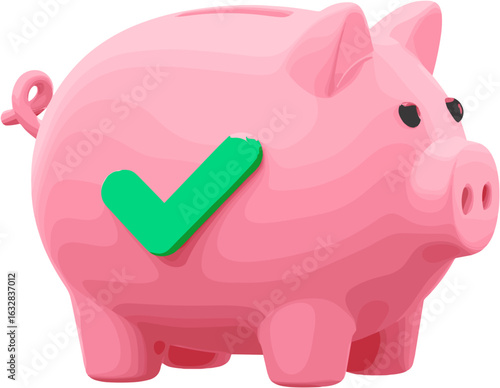 Pink piggy bank with green checkmark, symbolizing financial approval and success