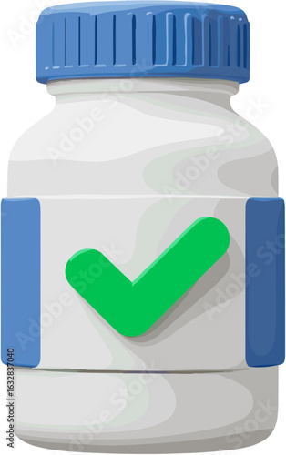 White bottle with blue cap and green checkmark showing approval