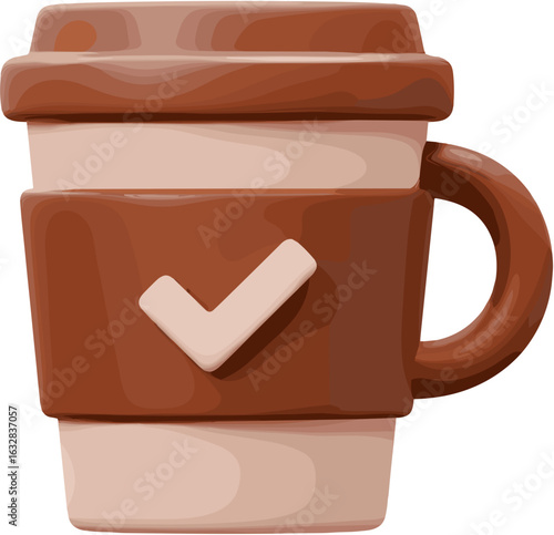 Brown coffee cup with checkmark illustration for task complete, symbolizing productivity