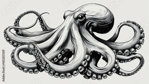 Monochrome scientific drawing of a sea octopus. A detailed marine cephalopod with suction cups in a retro engraving style.