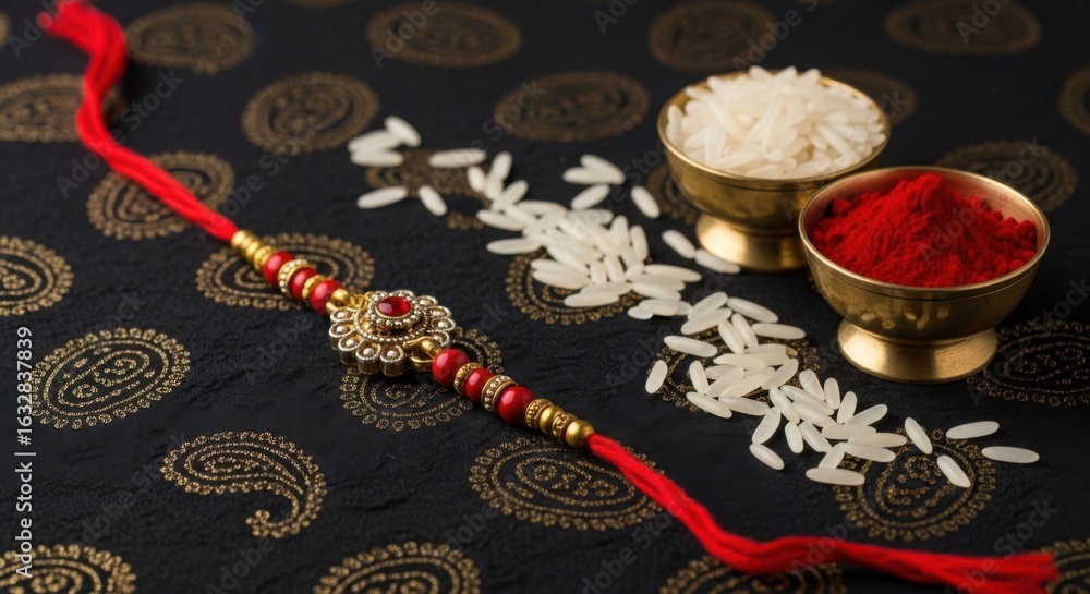 Fototapeta premium Raksha bandhan festival a sacred red thread rakhi with decorative elements, alongside bowls of white rice and red kumkum powder, symbolizing the bond between siblings during this indian celebration