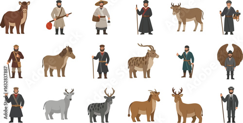 Illustrations of men in traditional clothing with various animals on a white background