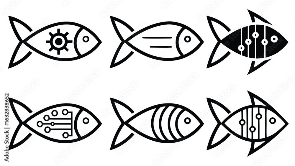 Obraz premium Six stylized fish icons; abstract, minimalist line art; technology, nature, and innovation concepts; black and white vector illustration.