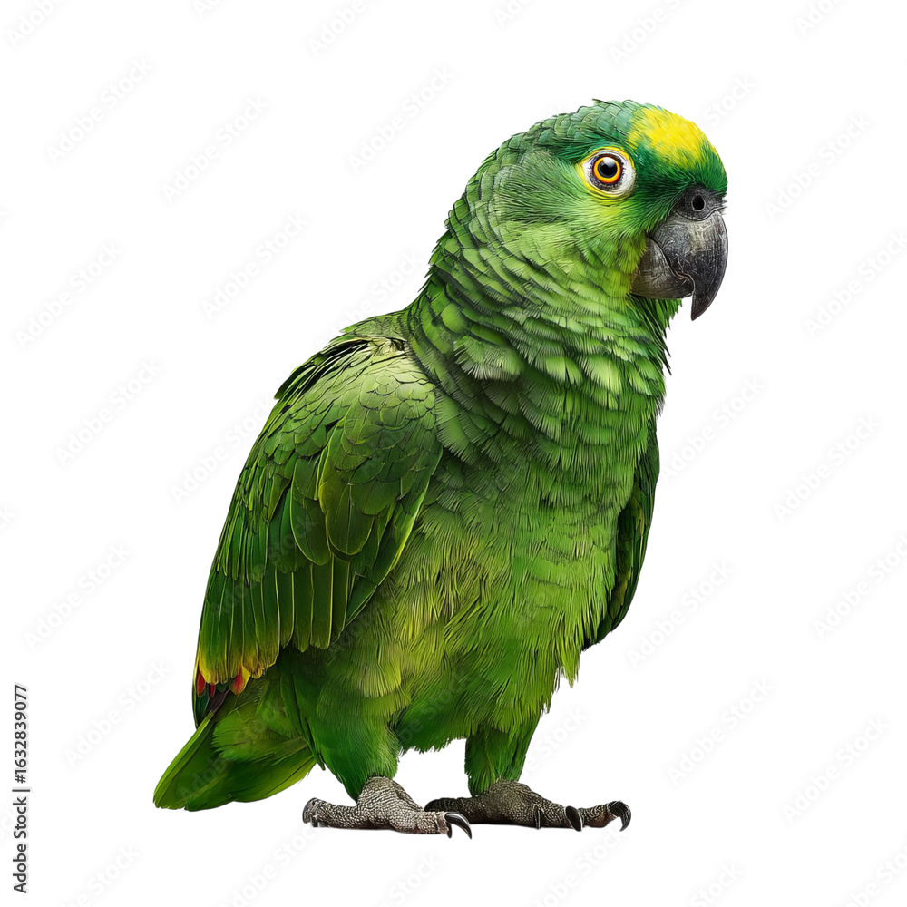 Obraz premium Png of A vibrant green parrot with a striking yellow crown, showcasing vivid feathers and keen eyes.