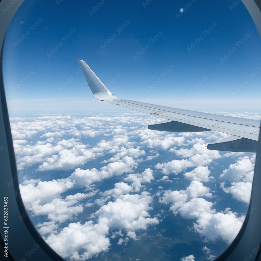 Obraz premium A Skyward Voyage: View from an airplane window revealing a beautiful expanse of fluffy clouds and a bright, clear blue sky, evoking feelings of wanderlust and adventure.