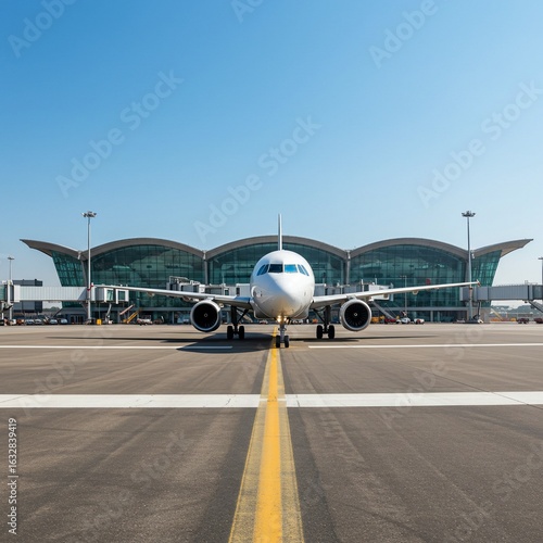Aeroplane at Airport: A sleek aeroplane stands poised for departure on a sun-drenched tarmac, the modern airport terminal serving as a backdrop under a clear blue sky.