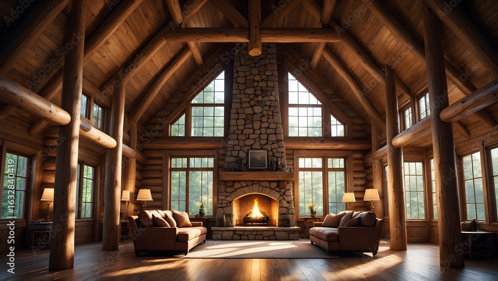 Fototapeta premium Cozy log cabin interior with crackling fireplace and comfortable seating