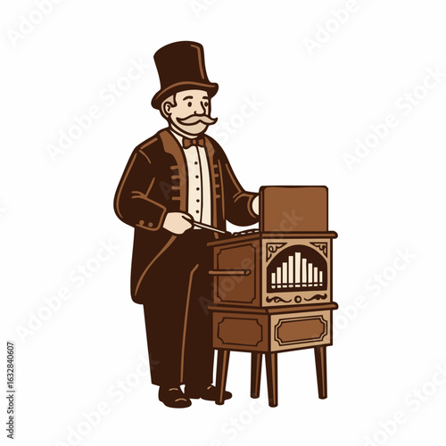 Organ grinder playing traditional music on barrel organ, complete with top hat and mustache. This organ grinder brings a sense of vintage entertainment and whimsical charm.