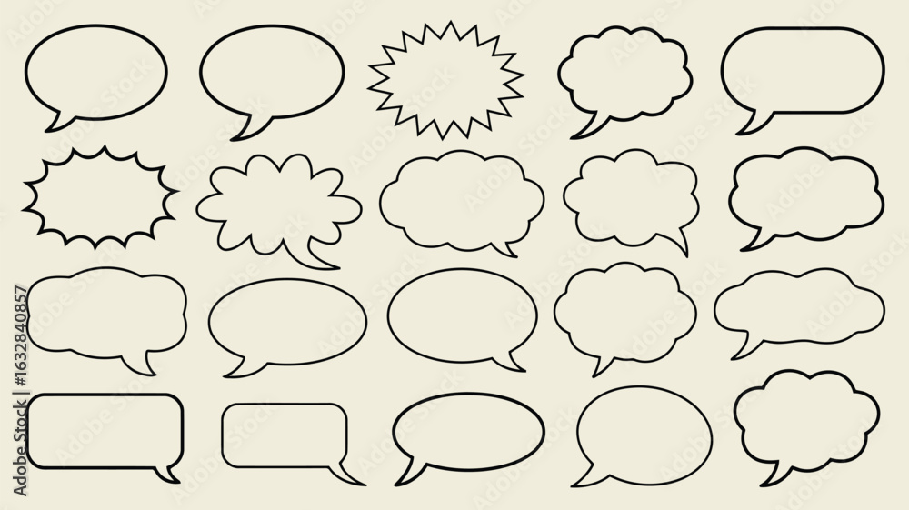 Fototapeta premium Collection of hand drawn speech bubbles and comic thought clouds, simple outline set for dialogue, messages, and text design