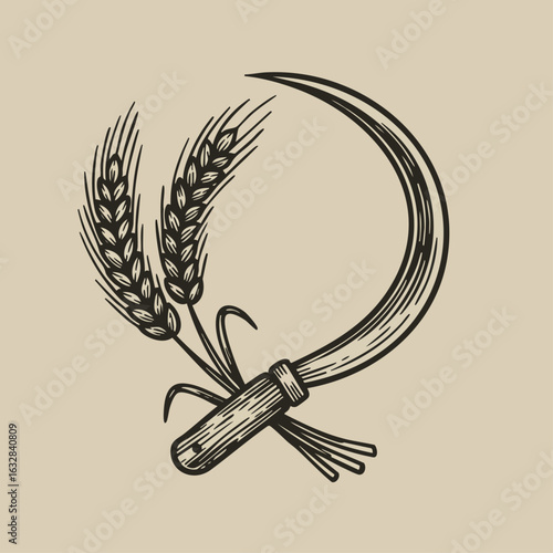 Sickle and wheat illustration with vintage agricultural tools on beige backdrop. Sickle and wheat represents harvesting equipment and ripe grain.