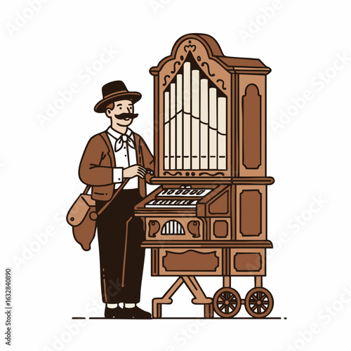Street musician playing vintage organ.  Man with mustache plays old musical instrument. Charming street musician image for postcards and vintage design projects.