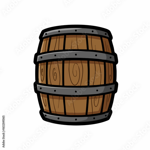 Wooden barrel for storage of drinks or food products. Sturdy oak barrel with metal bands perfect for rustic designs.  Vintage wooden barrel illustration for brewery logos and labels.