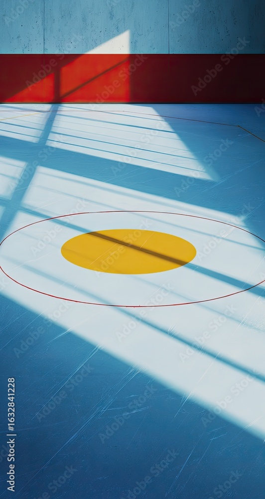Fototapeta premium Ice rink center with yellow circle. Sunlight streams across the blue ice surface, illuminating a central yellow circle. Red border lines a section of the wall