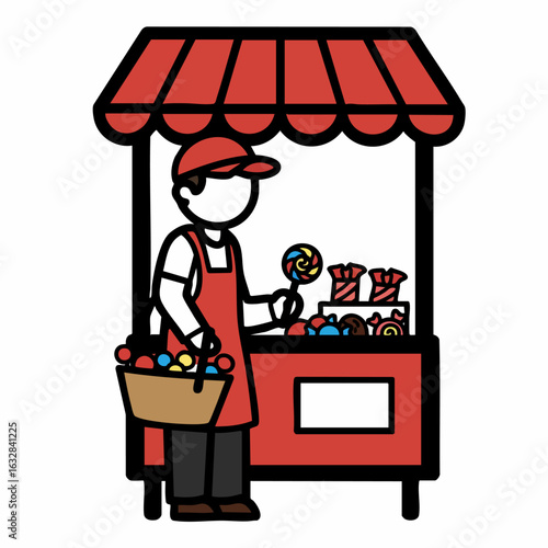 Candy store with sweet candies and seller in red uniform presents vibrant shopping scene. Candy store is ready with lollipops and sweets, candies inviting buyers. Visit candy store to bring joy.