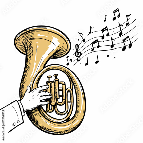 Musical instrument illustration featuring a sousaphone with flowing notes, musical instrument. Performance with shiny sousaphone and musical notes for entertainment purposes.