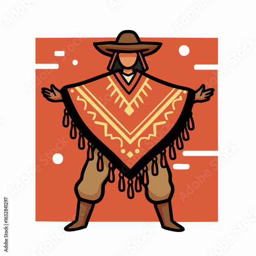 Person wearing poncho in a folkloric pose, a person dressed in traditional Andean clothing. Folkloric scene in vivid color scheme portrays a person in ethnic garb,