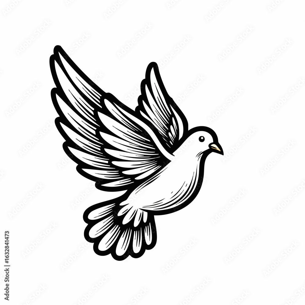 Obraz premium White dove in flight, symbol of peace and hope. Elegant dove illustration, perfect for religious imagery, wedding invitations, or peace activism. This soaring dove represents purity, serenity,