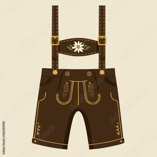 Traditional lederhosen with embroidered edelweiss flower. Brown leather shorts with suspenders and gold stitching. Perfect lederhosen design for Oktoberfest celebrations.