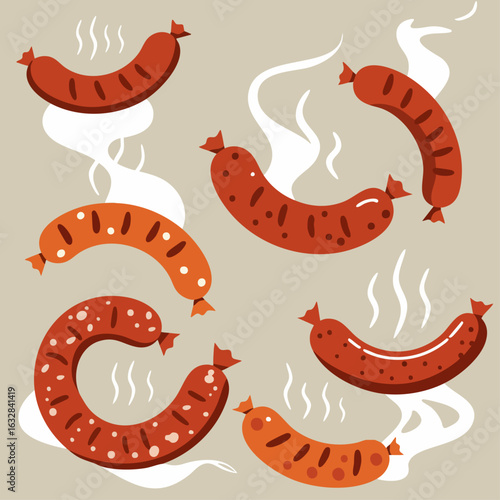 Grilled sausages set, delicious food illustration with various types of sausages.  Set includes different grilled sausages, perfect for food blogs, restaurant menus, and cookbooks.