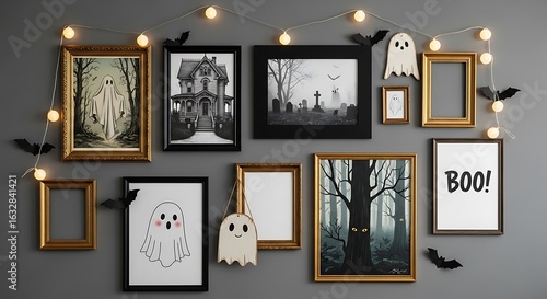 Collection of spooky halloween decorations and vintage art prints hanging on a gray wall with string lights