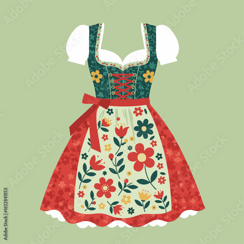 Dirndl dress, traditional Bavarian clothing adorned with floral decorations for Oktoberfest celebrations. Dirndl, with its lace bodice and apron, represents cultural heritage and festive attire.
