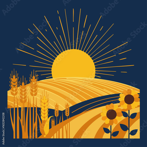 Beautiful rural landscape featuring fields and golden sun above a field. Idyllic countryside landscape with wheat fields and bright sun rays.