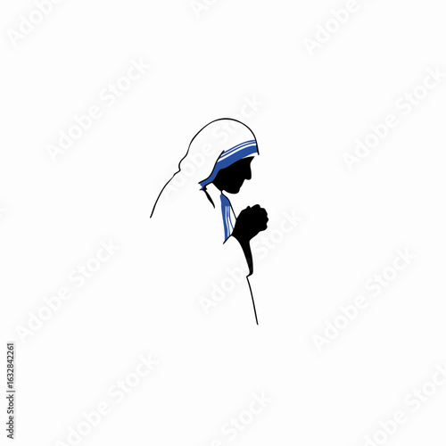Saint in contemplation with minimalist portrait in black line on white background. Spiritual saint illustration includes religious figure with hands clasped in contemplation,