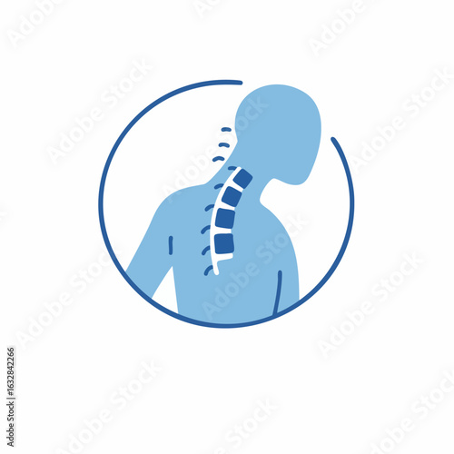 Spinal health illustration representing spine and human silhouette in blue, spinal health includes vertebral column integrity and posture. Spinal health concept for medical or health websites,