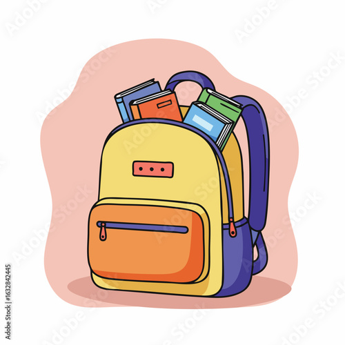 School backpack with colorful books. Stylish yellow schoolbag is full of textbooks and notebooks. Back to school concept for educational websites and advertising.
