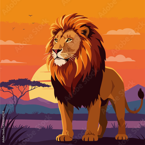 Majestic African lion Panthera leo standing in savanna at sunset. Lion with magnificent mane looks into distance.  Powerful lion image perfect for wildlife documentaries or safari brochures.