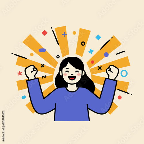 Cheerful woman celebrating success with a Winning pose. Winning pose with a happy woman, expressing joy and achieving goals with raised arms.