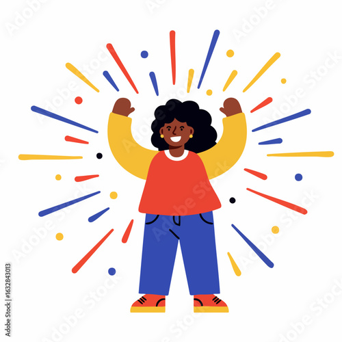 Young woman celebrating success with raised arms and positive emotions. Celebrating success feels empowering for young woman, happiness and confident attitude are clearly seen,