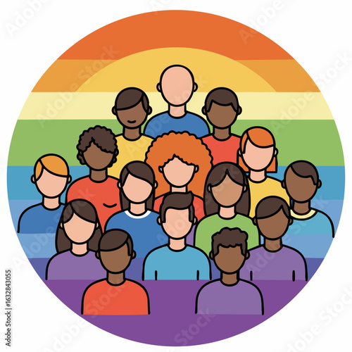 Diversity illustration showing people of different races, genders, and ages in a round shape. Diversity illustration shows a group that promotes inclusion, equality, and respect for differences.