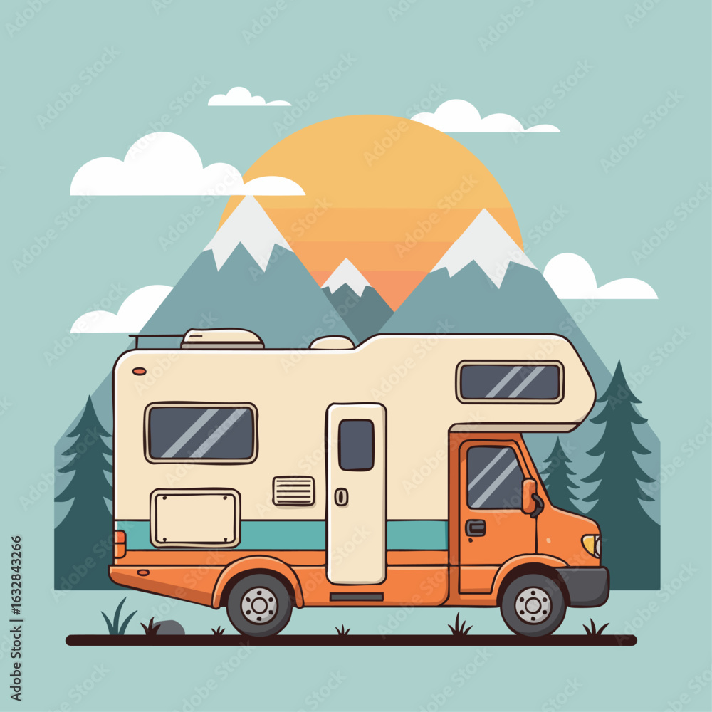Obraz premium RV on the road, a symbol of freedom and exploration on scenic background with mountains, clouds and sun. This RV symbolizes an open road and adventure, evoking carefree travel.