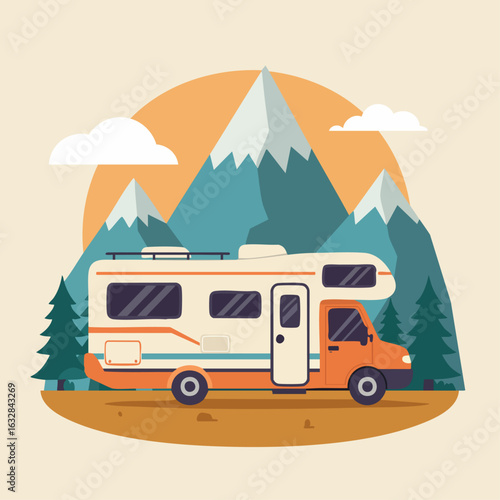 Modern caravan trip with mountain landscape and adventure lifestyle theme, flat illustration. Leisure caravan trip includes snowy mountains, forest trees, and a summer atmosphere, inviting to travel.