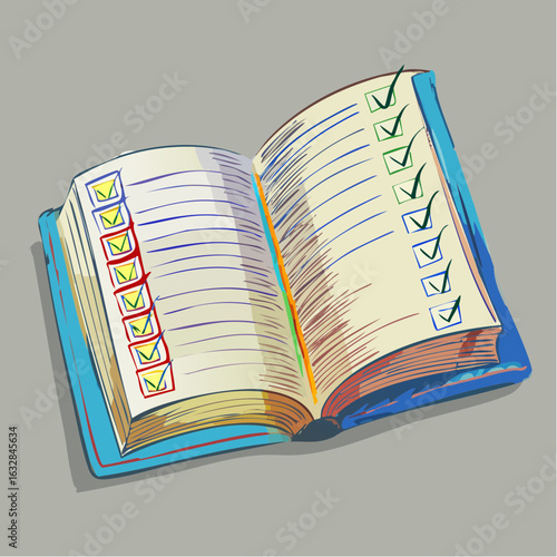 commercial-use royalty-free svg vector illustration of an open gradebook showing scores and notes, classroom evaluation icon