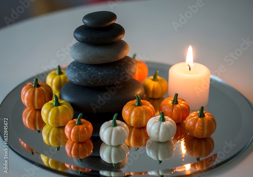 Small pumpkins and stacked stones with a candle create a peaceful autumn centerpiece for a table