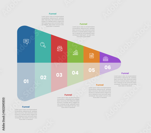 funnel shape business process infographic diagram with horizontal pyramid with equal slice with 6 step for slide presentation