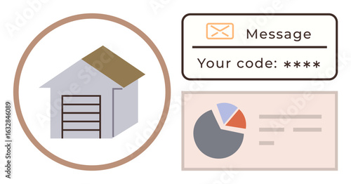 Garage with security code and analytics, emphasizing smart control, data management, efficiency, security, technology, access monitoring, and remote connectivity in a simple flat metaphor