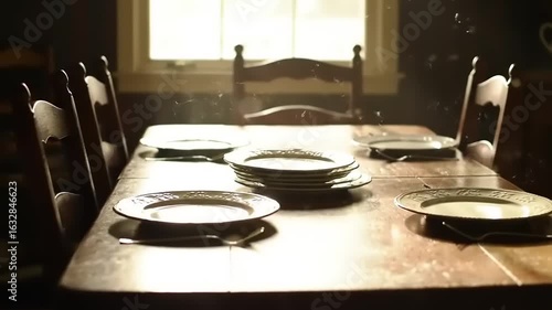 Rustic table with set plates, and sunlit room.