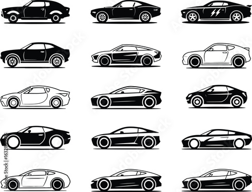 A comprehensive collection of 15 diverse sports car and coupe vector illustrations, presented in a clean black and white silhouette style.