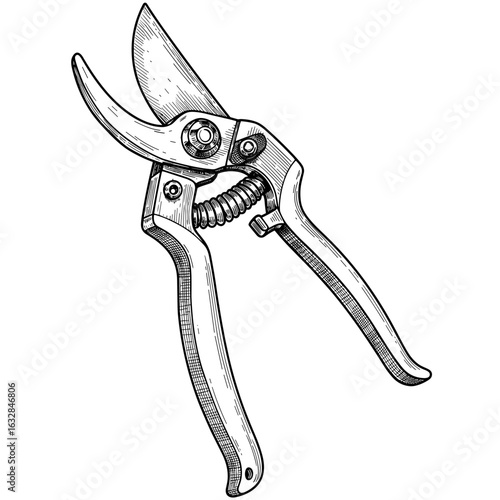 Pruner garden tool illustration – vintage ink sketch doodle black and white vector illustration on white background, engraving woodcut style

