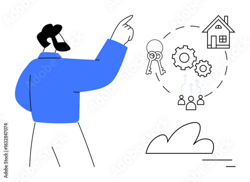 Person pointing at concepts such as collaborative planning, homeownership, property management, and team dynamics. Ideal for real estate, teamwork, decision-making, strategy, property services goal