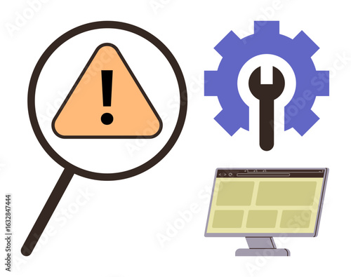Magnifying glass over warning sign, gear with wrench, and monitor screen symbolizing problem diagnosis, system tools, and online maintenance. Ideal for troubleshooting, system optimization, IT