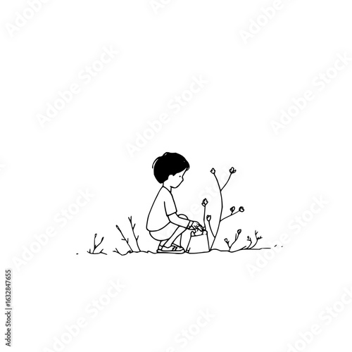 Illustration of a boy crouching near small plants with tiny flowers in a minimalist line art style