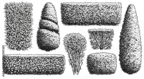 Collection of bushes in different shapes, vintage ink sketch hand-drawn black and white vector illustration for architectural and gardening design projects